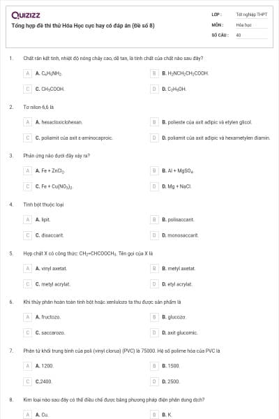 Tổng hợp đề thi thử Hóa Học cực hay có đáp án (Đề số 8)