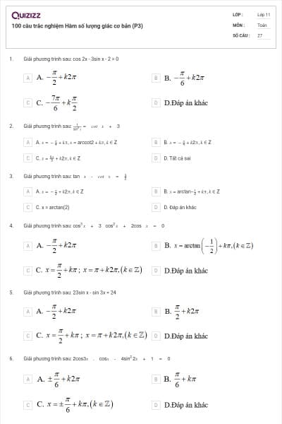 100 câu trắc nghiệm Hàm số lượng giác cơ bản (P3)