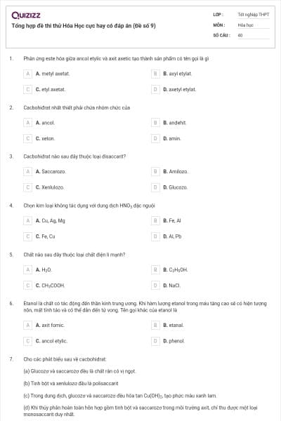 Tổng hợp đề thi thử Hóa Học cực hay có đáp án (Đề số 9)