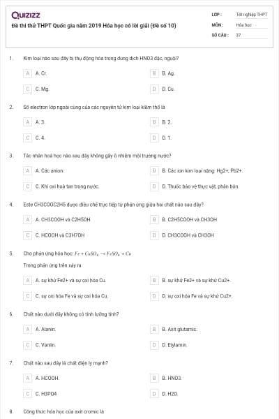 Đề thi thử THPT Quốc gia năm 2019 Hóa học có lời giải (Đề số 10)