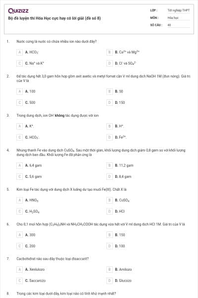 Bộ đề luyện thi Hóa Học cực hay có lời giải (đề số 8)