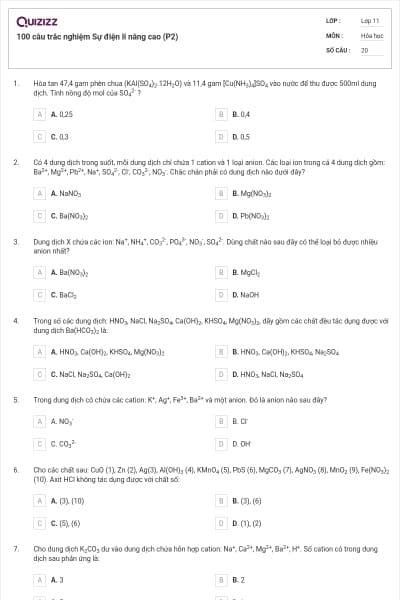100 câu trắc nghiệm Sự điện li nâng cao (P2)