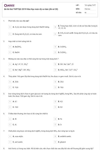 Đề thi thử THPTQG 2019 Hóa Học mức độ cơ bản (đề số 20)