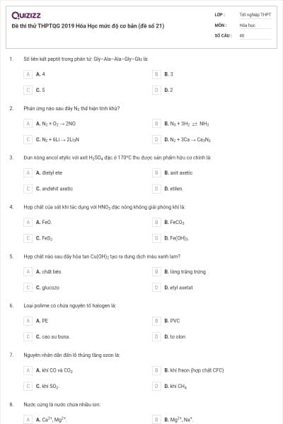Đề thi thử THPTQG 2019 Hóa Học mức độ cơ bản (đề số 21)