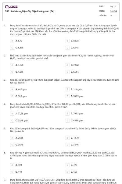 100 câu trắc nghiệm Sự điện li nâng cao (P4)