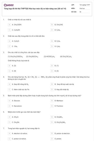 Tổng hợp đề thi thử THPTQG Hóa học mức độ cơ bản nâng cao (đề số 14)