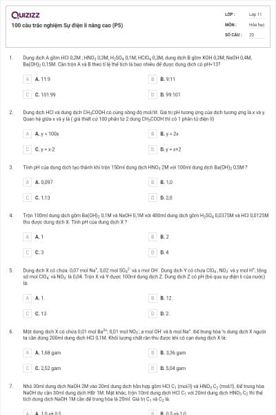 100 câu trắc nghiệm Sự điện li nâng cao (P5)