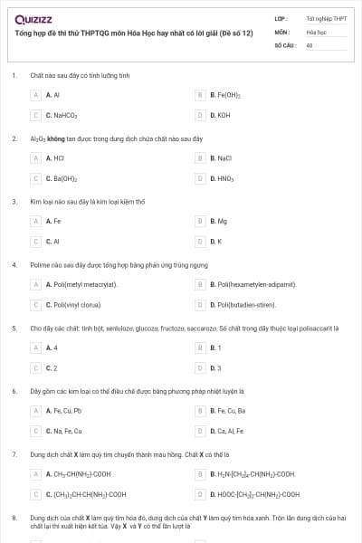 Tổng hợp đề thi thử THPTQG môn Hóa Học hay nhất có lời giải (Đề số 12)