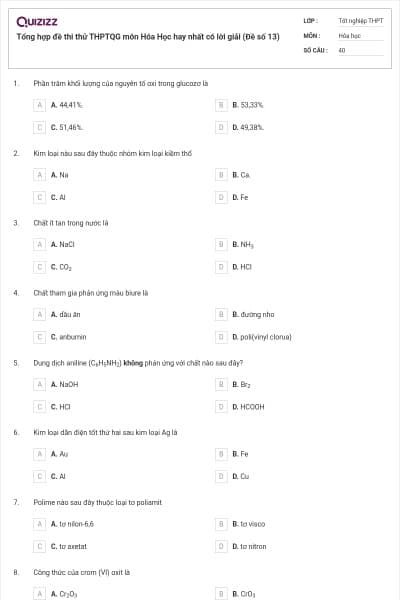 Tổng hợp đề thi thử THPTQG môn Hóa Học hay nhất có lời giải (Đề số 13)