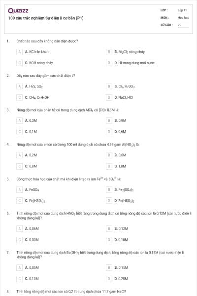 100 câu trắc nghiệm Sự điện li cơ bản (P1)