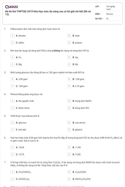 Đề thi thử THPTQG 2019 Hóa Học mức độ nâng cao có lời giải chi tiết (Đề số 13)