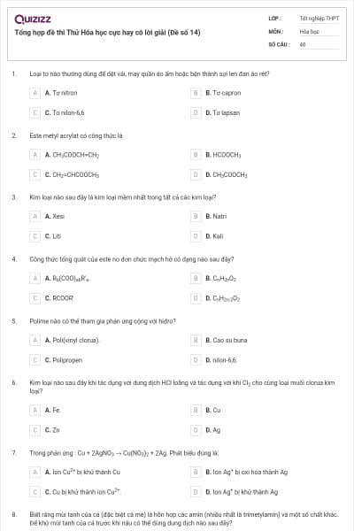Tổng hợp đề thi Thử Hóa học cực hay có lời giải (Đề số 14)