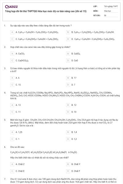 Tổng hợp đề thi thử THPTQG Hóa học mức độ cơ bản nâng cao (đề số 15)