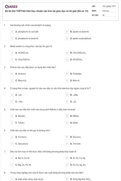 Đề thi thử THPTQG Hóa Học chuẩn cấu trúc bộ giáo dục có lời giải (Đề số 14)