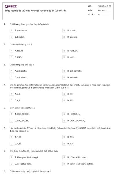 Tổng hợp đề thi thử Hóa Học cực hay có đáp án (Đề số 15)