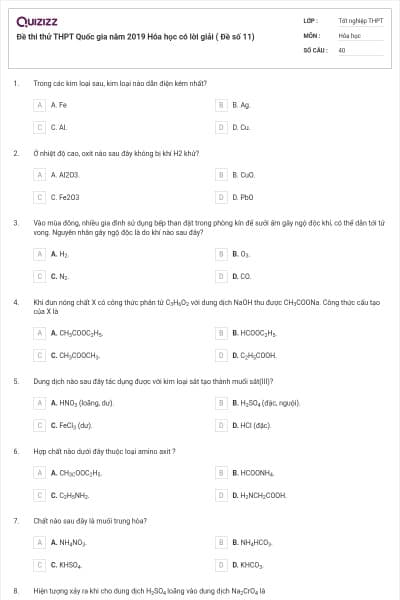 Đề thi thử THPT Quốc gia năm 2019 Hóa học có lời giải ( Đề số 11)