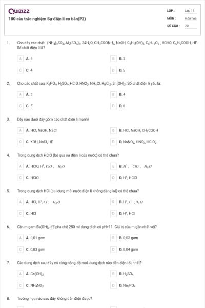 100 câu trắc nghiệm Sự điện li cơ bản(P2)