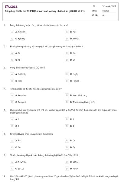 Tổng hợp đề thi thử THPTQG môn Hóa Học hay nhất có lời giải (Đề số 21)