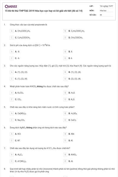 15 Đề thi thử THPTQG 2019 Hóa học cực hay có lời giải chi tiết (đề số 14)