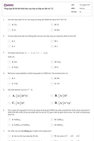 Tổng hợp đề thi thử Hóa Học cực hay có đáp án (Đề số 17)