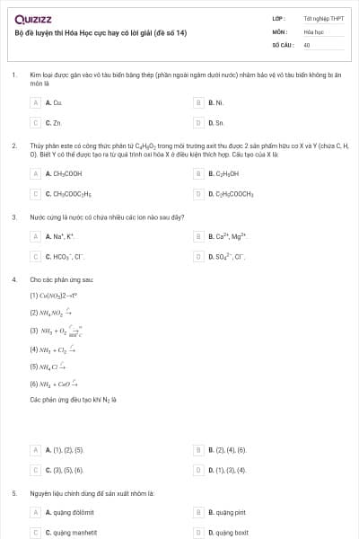 Bộ đề luyện thi Hóa Học cực hay có lời giải (đề số 14)