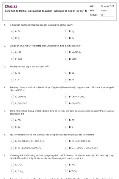 Tổng hợp đề thi thử Hóa Học mức độ cơ bản - nâng cao có đáp án (Đề số 14)