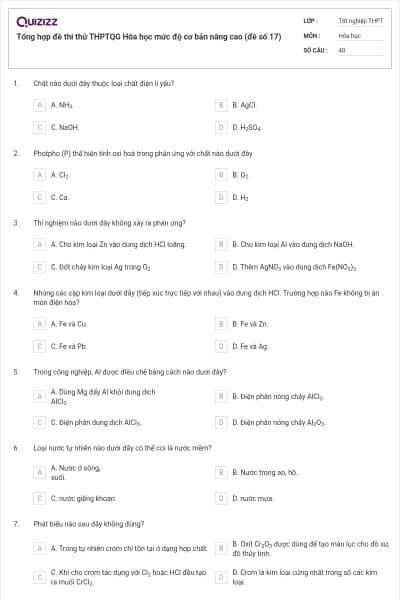 Tổng hợp đề thi thử THPTQG Hóa học mức độ cơ bản nâng cao (đề số 17)