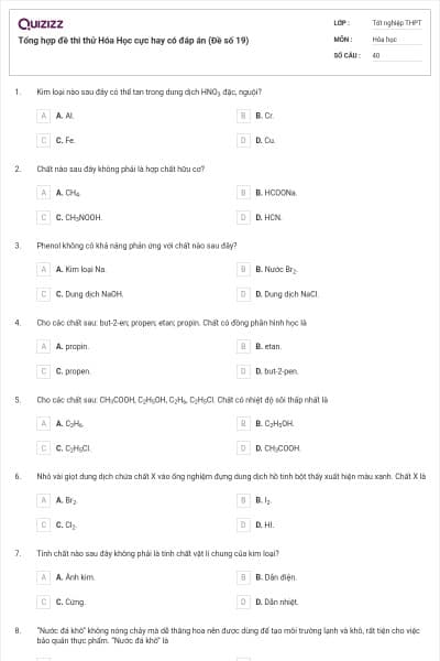 Tổng hợp đề thi thử Hóa Học cực hay có đáp án (Đề số 19)