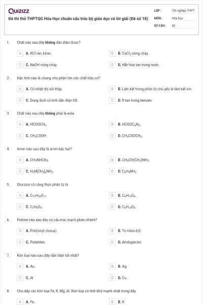 Đề thi thử THPTQG Hóa Học chuẩn cấu trúc bộ giáo dục có lời giải (Đề số 18)