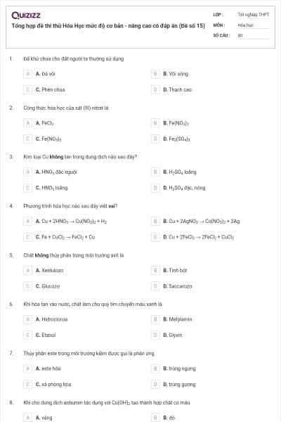 Tổng hợp đề thi thử Hóa Học mức độ cơ bản - nâng cao có đáp án (Đề số 15)
