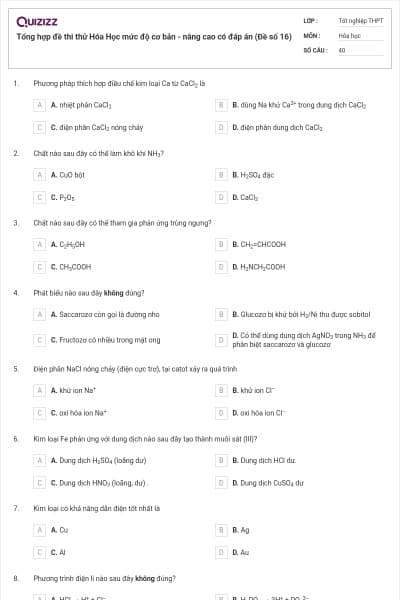 Tổng hợp đề thi thử Hóa Học mức độ cơ bản - nâng cao có đáp án (Đề số 16)