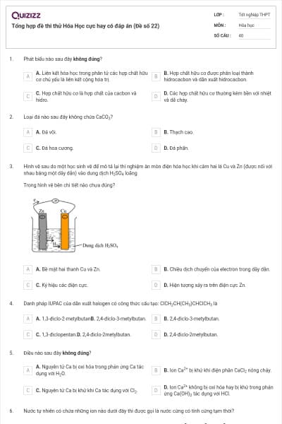 Tổng hợp đề thi thử Hóa Học cực hay có đáp án (Đề số 22)