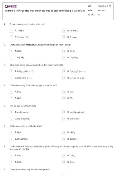 Đề thi thử THPTQG Hóa Học chuẩn cấu trúc bộ giáo dục có lời giải (Đề số 20)