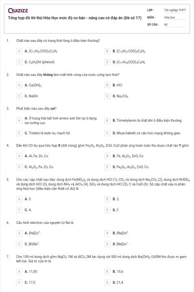 Tổng hợp đề thi thử Hóa Học mức độ cơ bản - nâng cao có đáp án (Đề số 17)