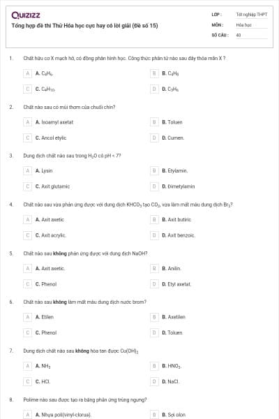 Tổng hợp đề thi Thử Hóa học cực hay có lời giải (Đề số 15)