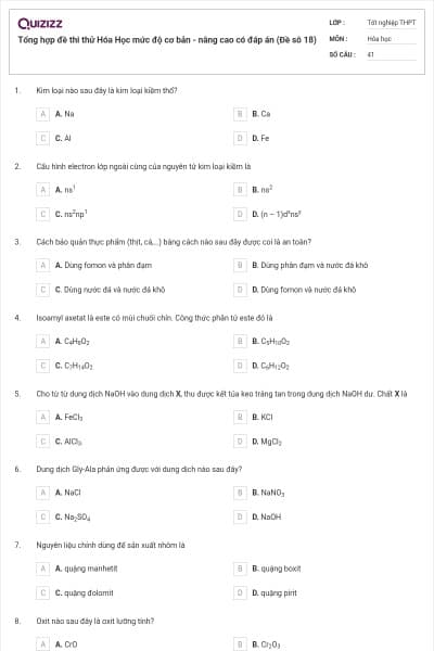 Tổng hợp đề thi thử Hóa Học mức độ cơ bản - nâng cao có đáp án (Đề sô 18)