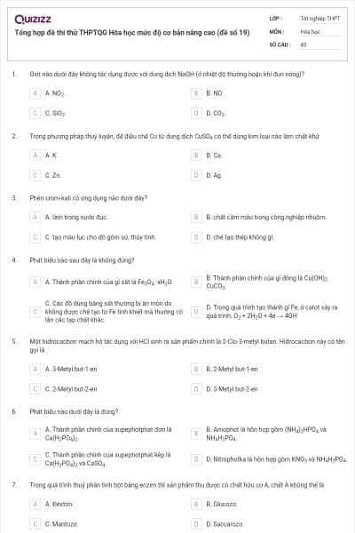 Tổng hợp đề thi thử THPTQG Hóa học mức độ cơ bản nâng cao (đề số 19)