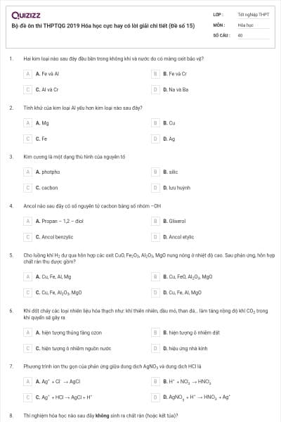 Bộ đề ôn thi THPTQG 2019 Hóa học cực hay có lời giải chi tiết (Đề số 15)