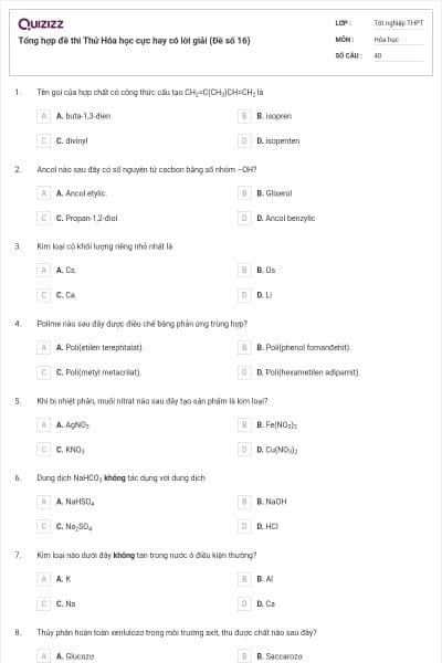 Tổng hợp đề thi Thử Hóa học cực hay có lời giải (Đề số 16)