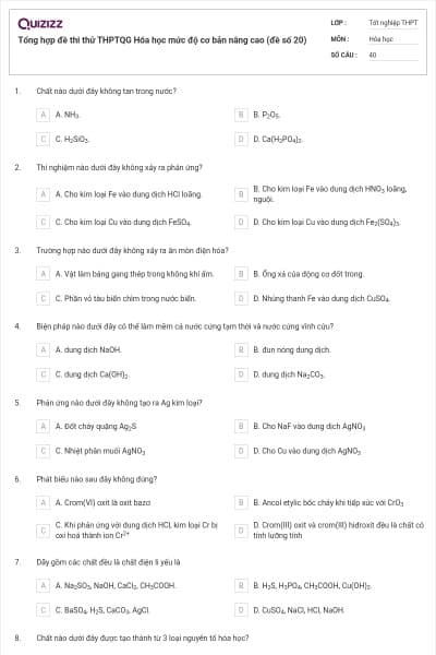 Tổng hợp đề thi thử THPTQG Hóa học mức độ cơ bản nâng cao (đề số 20)