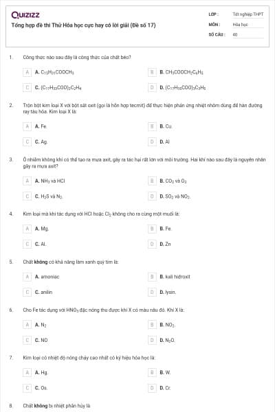 Tổng hợp đề thi Thử Hóa học cực hay có lời giải (Đề số 17)
