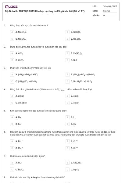 Bộ đề ôn thi THPTQG 2019 Hóa học cực hay có lời giải chi tiết (Đề số 17)
