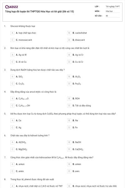 Tổng hợp đề luyện thi THPTQG Hóa Học có lời giải (Đề số 15)