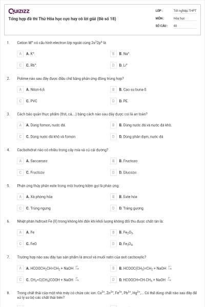 Tổng hợp đề thi Thử Hóa học cực hay có lời giải (Đề số 18)