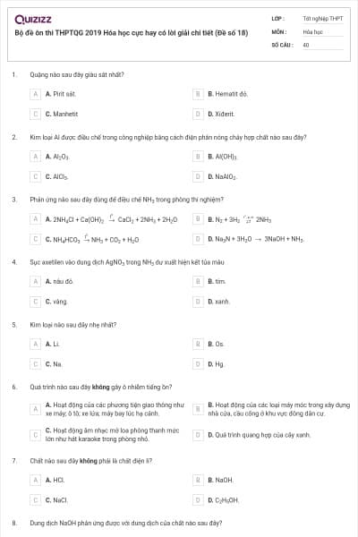 Bộ đề ôn thi THPTQG 2019 Hóa học cực hay có lời giải chi tiết (Đề số 18)