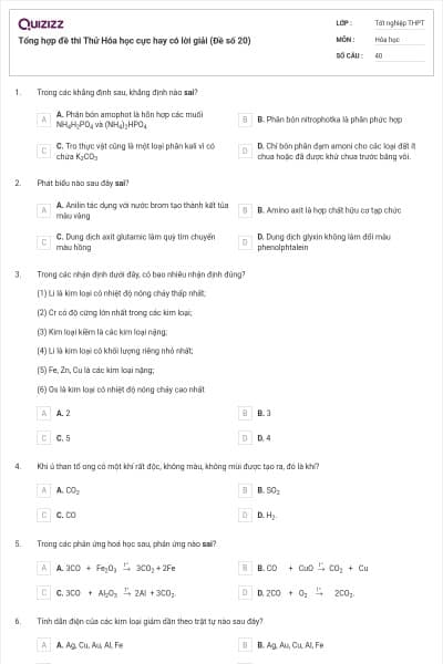 Tổng hợp đề thi Thử Hóa học cực hay có lời giải (Đề số 20)