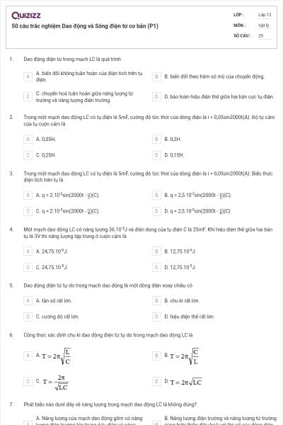 50 câu trắc nghiệm Dao động và Sóng điện từ cơ bản (P1)