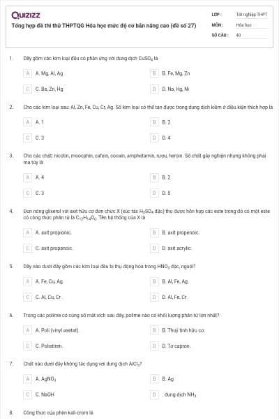 Tổng hợp đề thi thử THPTQG Hóa học mức độ cơ bản nâng cao (đề số 27)