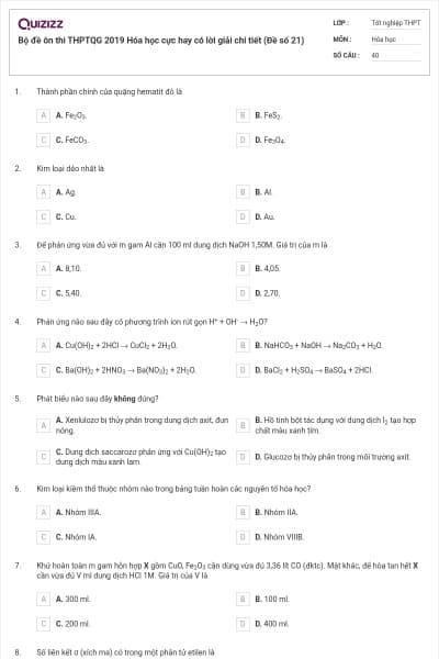 Bộ đề ôn thi THPTQG 2019 Hóa học cực hay có lời giải chi tiết (Đề số 21)