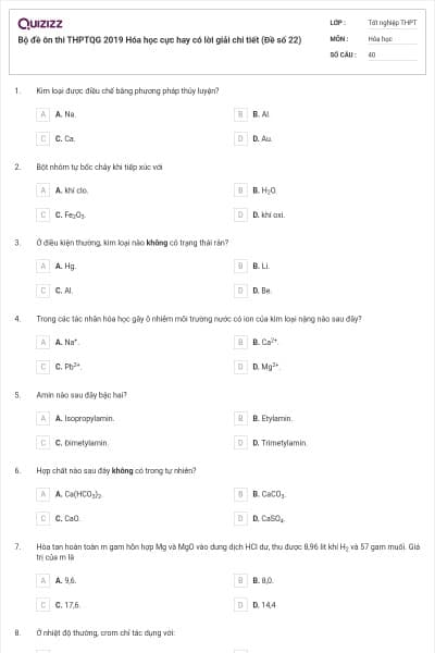 Bộ đề ôn thi THPTQG 2019 Hóa học cực hay có lời giải chi tiết (Đề số 22)